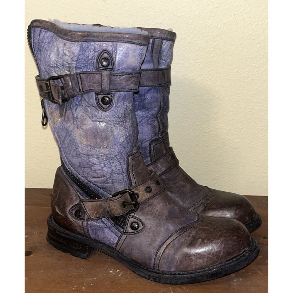 UGG Italy Boots Adela Lamb Fur Shearling Leather Motorcycle Combat 7 B Moto